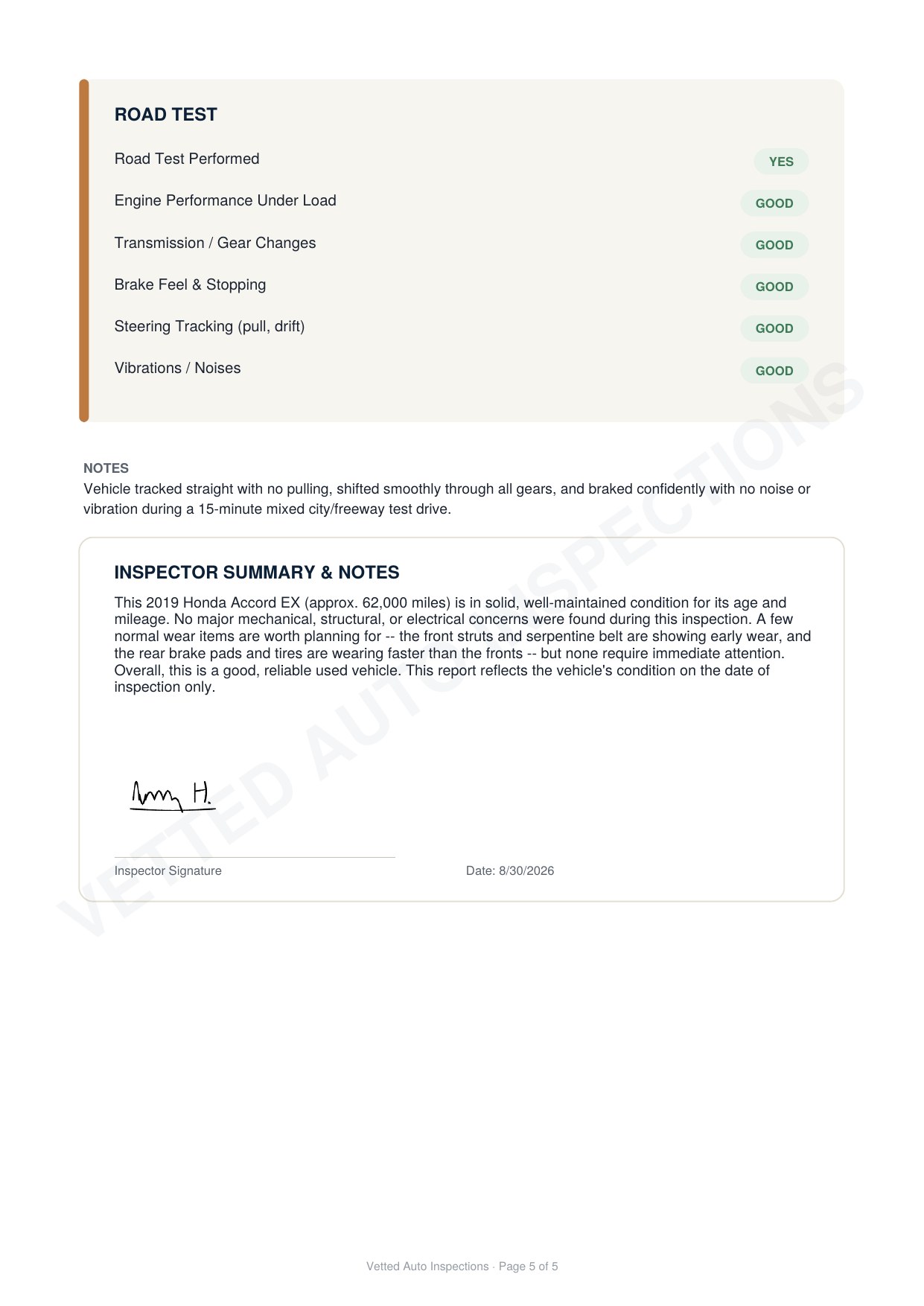 Inspection report page 5 of 5: Road Test: all items Good; vehicle tracked straight with smooth shifting and confident braking. Inspector Summary: 2019 Honda Accord EX, approximately 62,000 miles, in solid condition with no major concerns; normal wear items noted for future budgeting. Includes inspector signature and date.